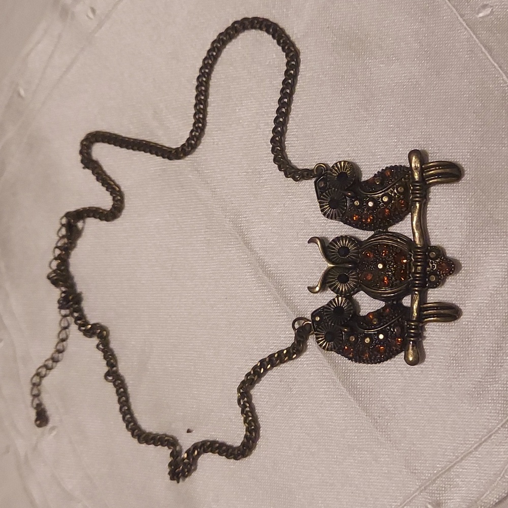 Three Wise Owls' Long Diamante Pendant Necklace In Burn Gold Metal